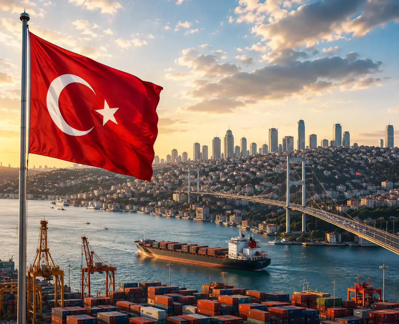 Turkish flag flying over Istanbul with city skyline and Bosphorus in background.