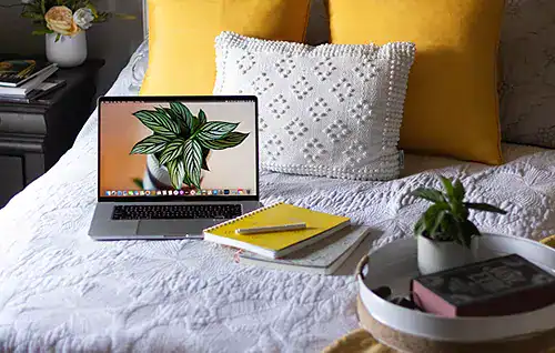 Cozy bedroom with a laptop, yellow pillows, and green plants for a relaxing workspace.
